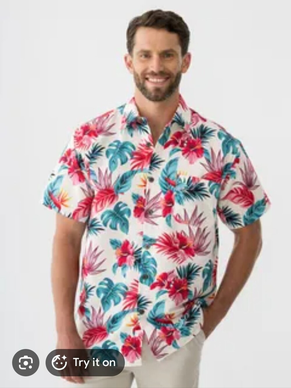 Men's White Tropical Floral Short-Sleeve Button-Up Shirt